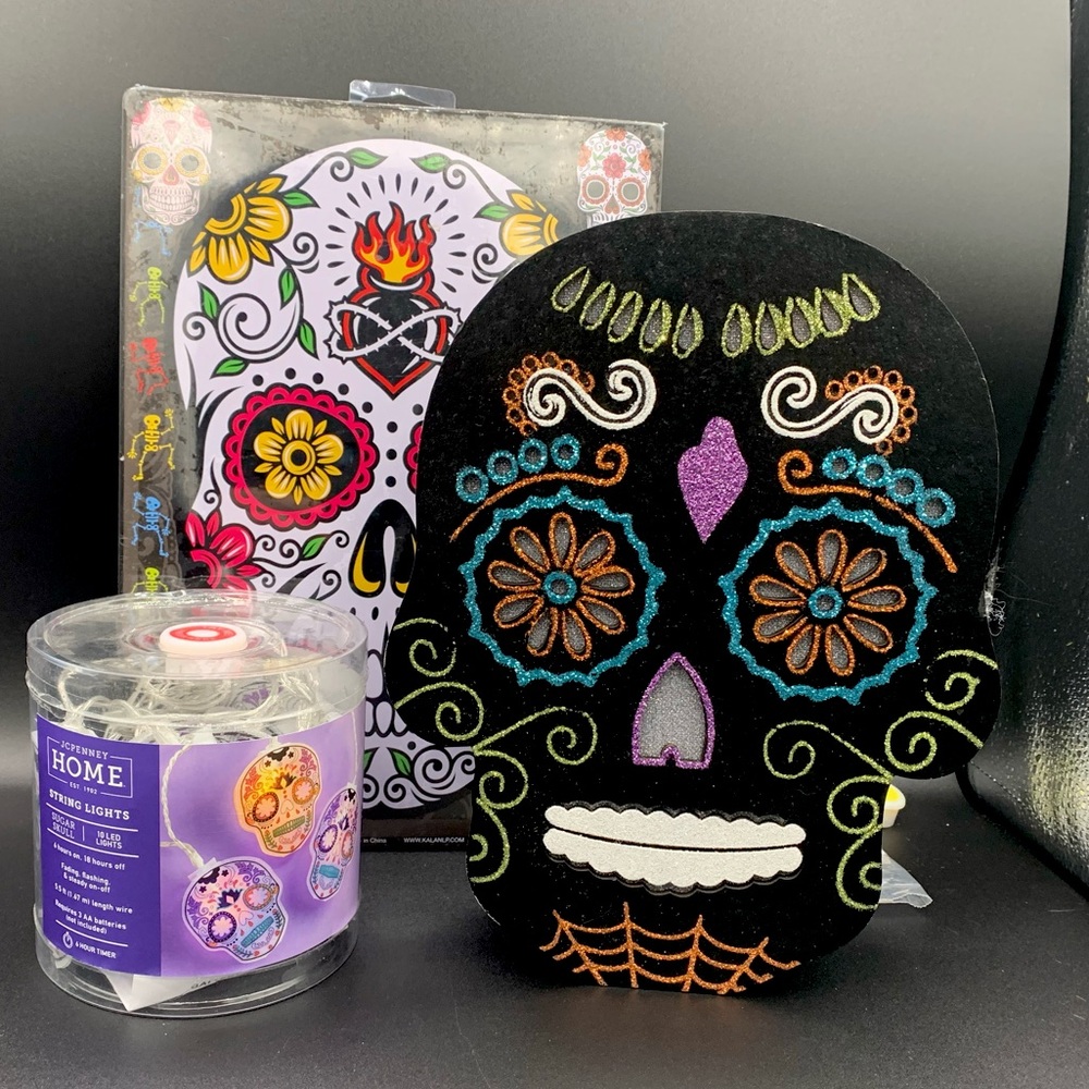 Sugar skull collection! Metal plaque, light up skull and string lights!